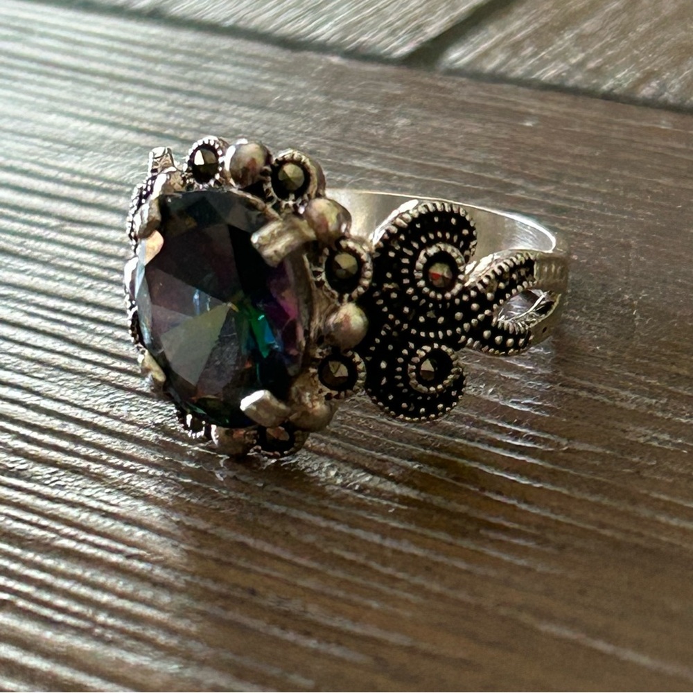 Mystic topaz/Mystic fire green topaz and marcasite Taxco Silver  ring 9 - Picture 5 of 14